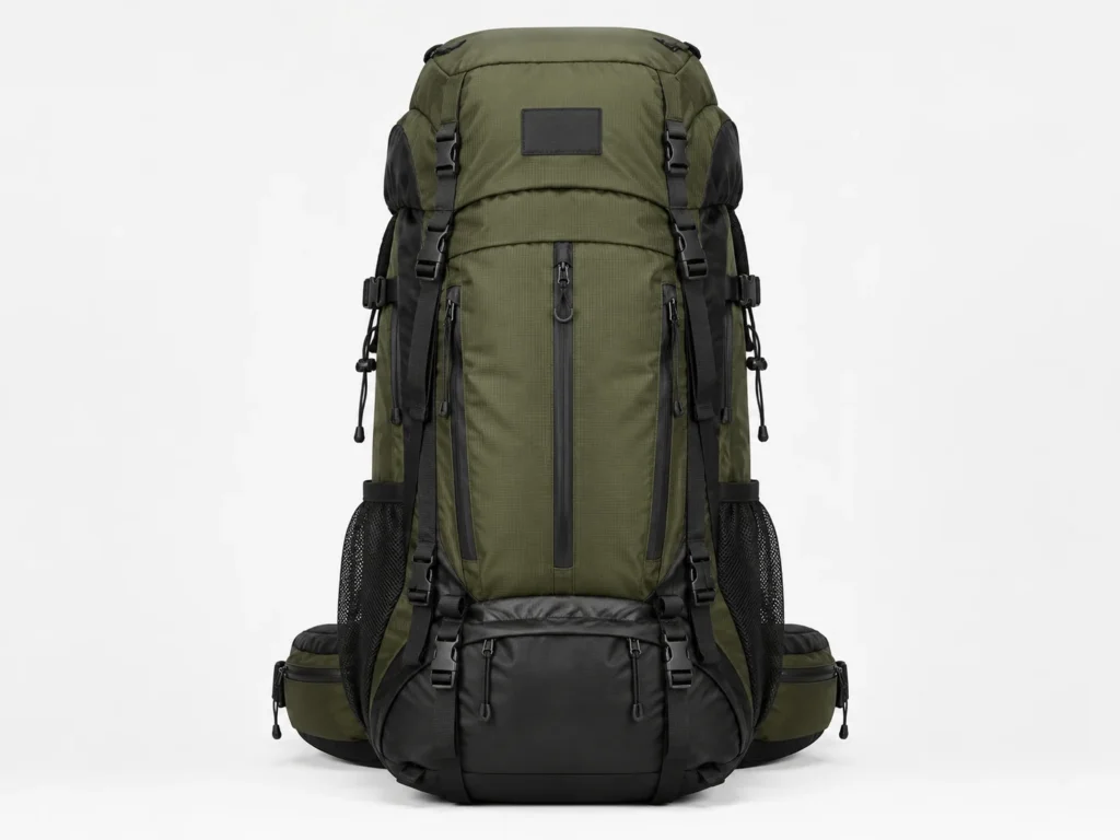 Custom hiking backpack with padded shoulder straps and multiple compartments - front view