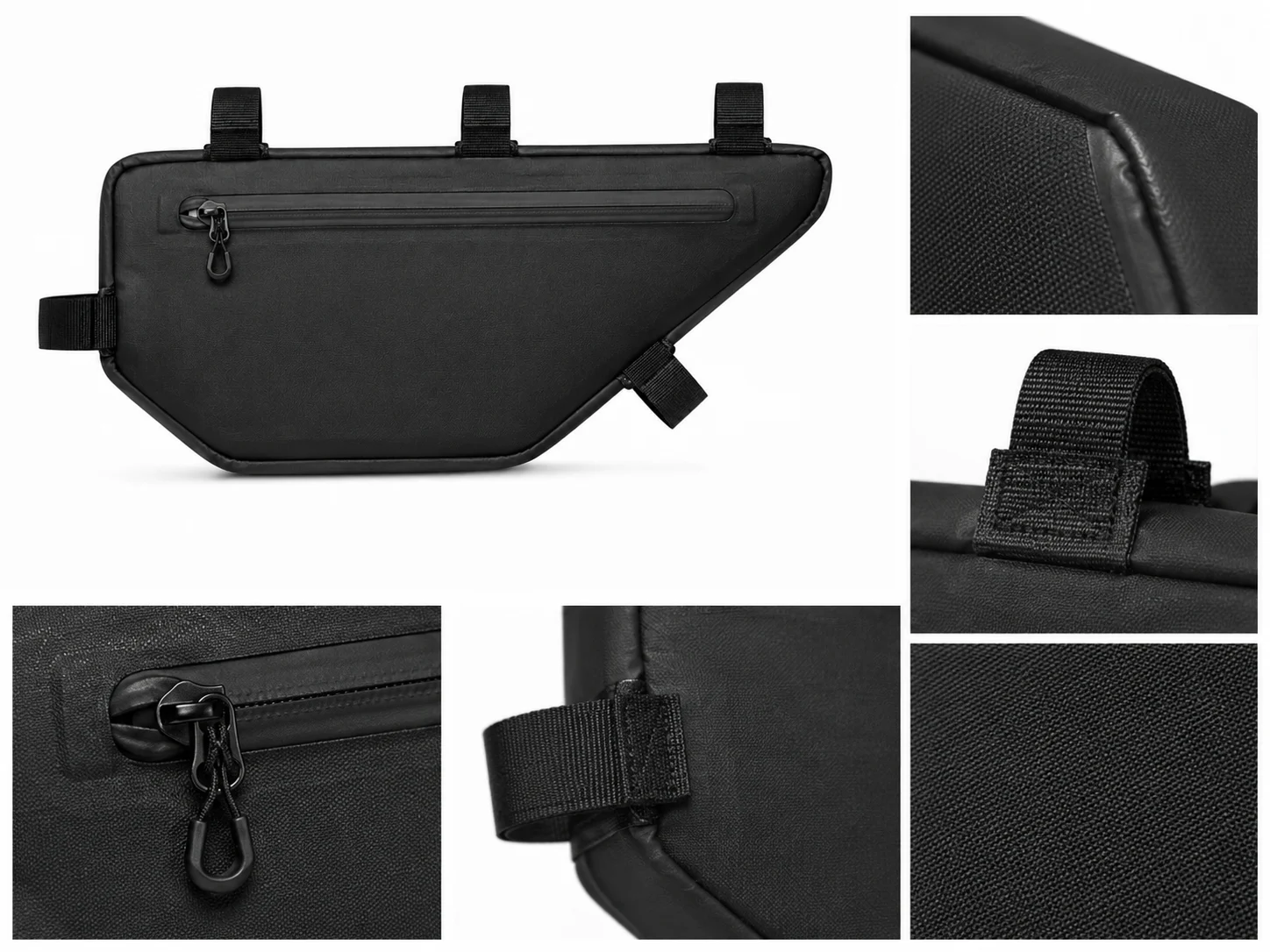 Waterproof cycling frame bag with custom logo and compact storage - side view - material and zipper detail