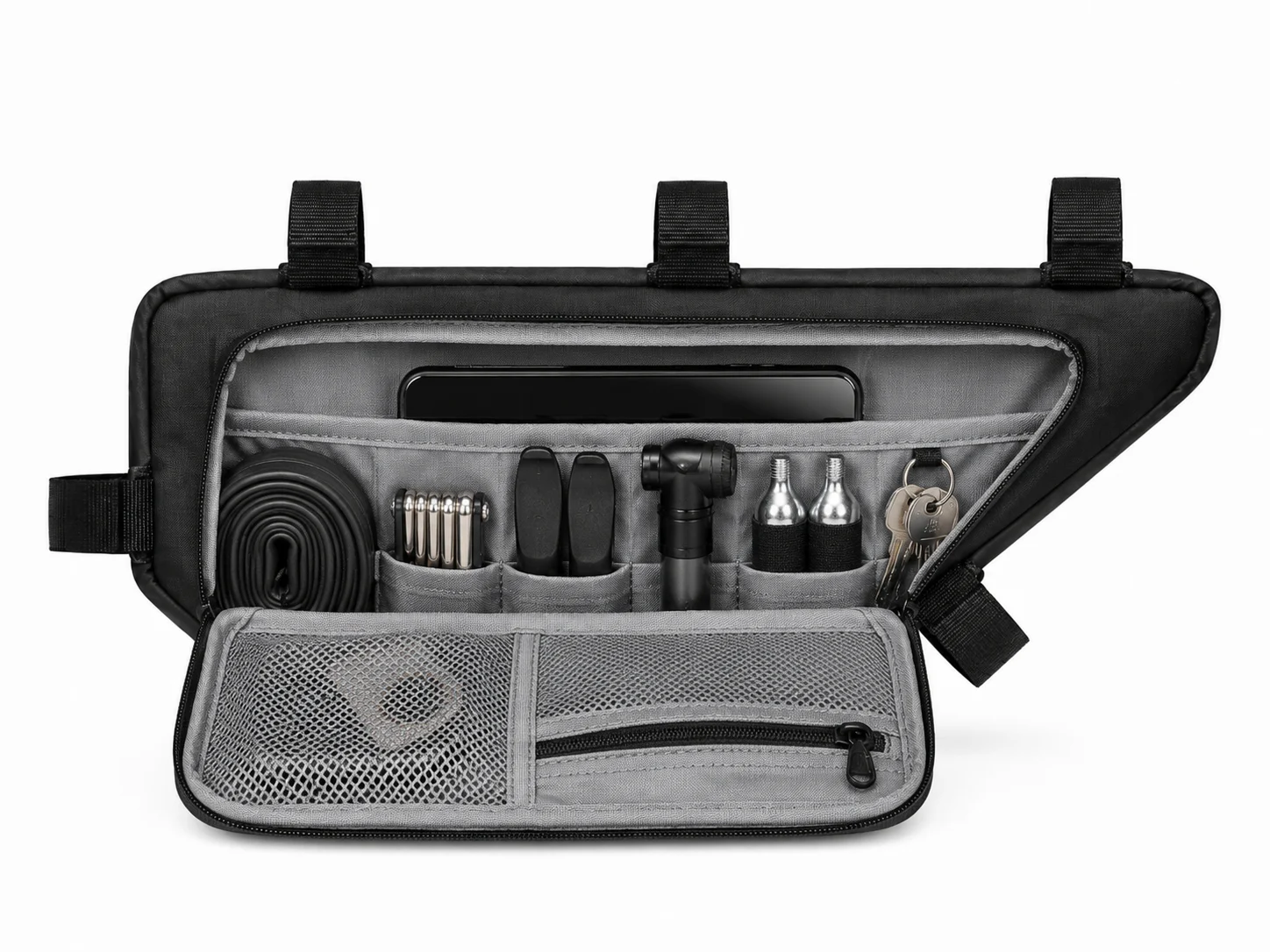 Waterproof cycling frame bag with custom logo and compact storage - side view - custom logo and pocket detail