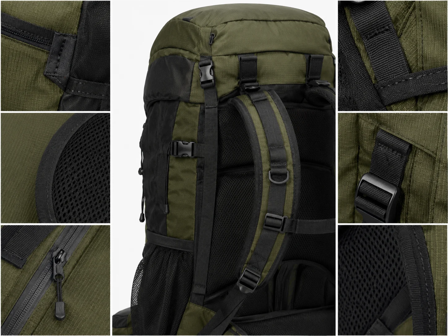 Custom 45L hiking backpack with internal aluminum frame - material and zipper detail