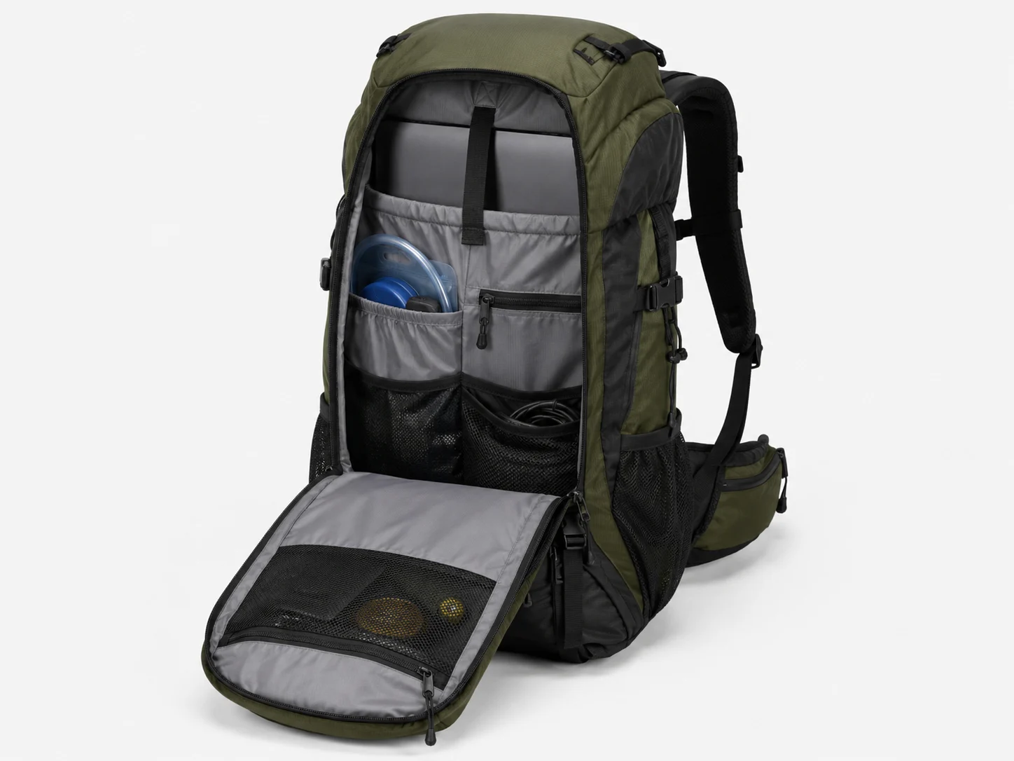 Custom 45L hiking backpack with internal aluminum frame - padded straps and back panel detail
