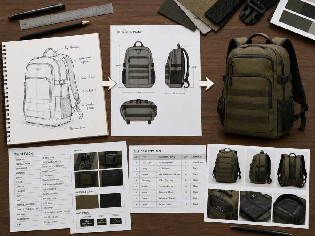 Backpack sketch, tech pack and finished product for custom bag development