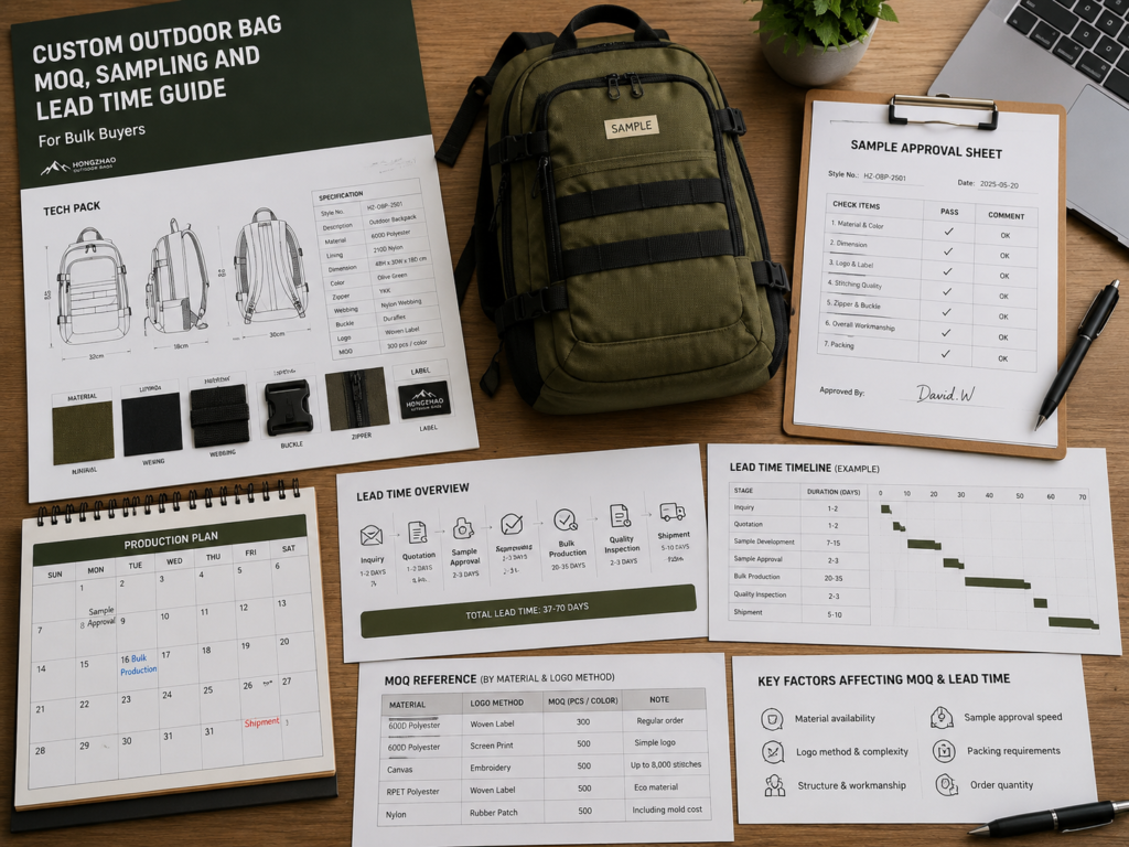 Custom outdoor bag MOQ, sampling process and production lead time guide
