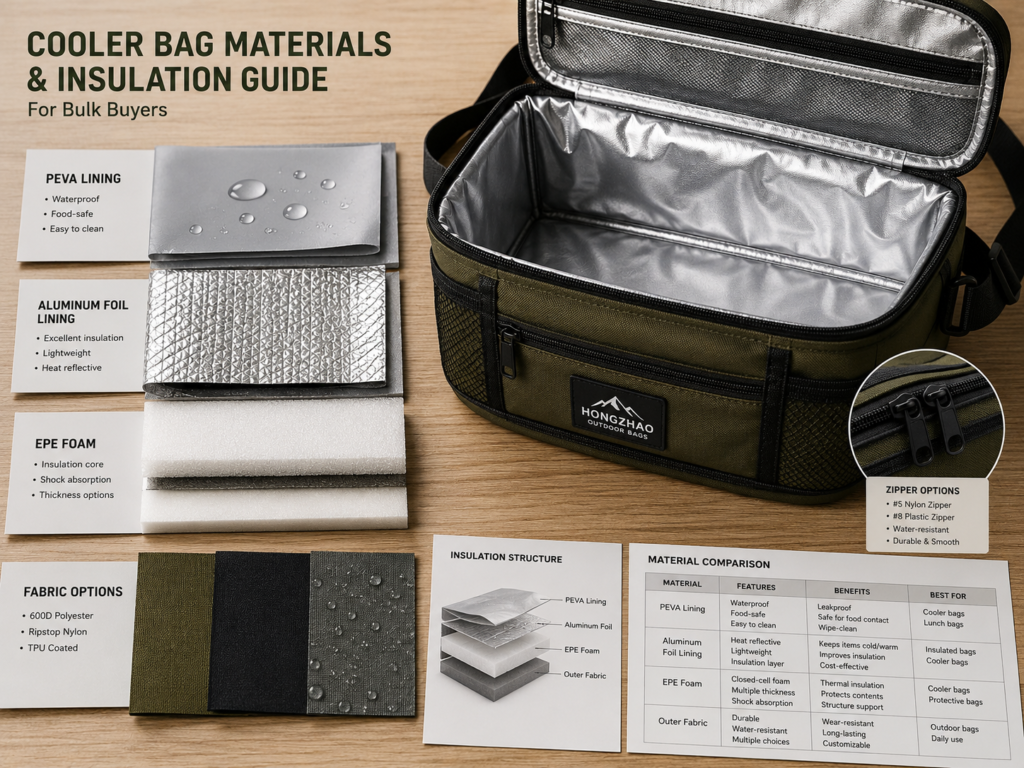 Cooler bag materials and insulation guide featuring PEVA lining, aluminum foil lining and EPE foam structure