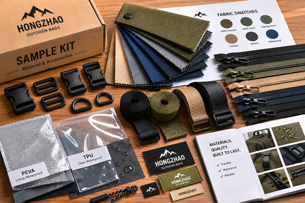 Outdoor bag sample kit including fabric swatches, zippers, webbing, buckles, labels, PEVA and TPU materials