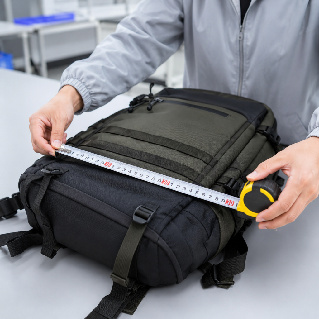 Quality control staff measuring the dimensions of a custom outdoor backpack