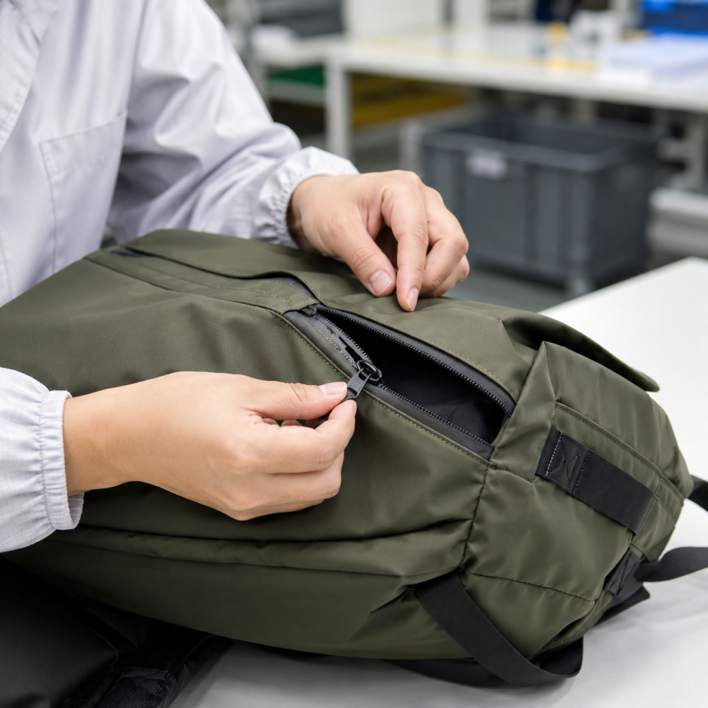 Quality control inspection of fabric and zipper on a custom outdoor bag