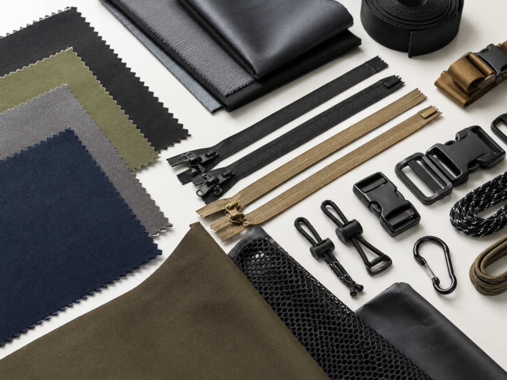 Outdoor bag materials and hardware planning with fabrics zippers buckles and webbing