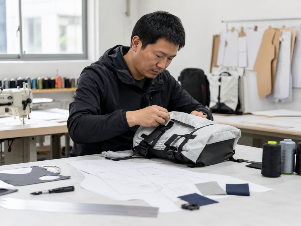 Outdoor bag sample development in a factory sample room