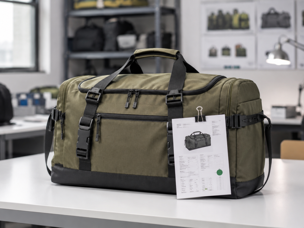 Approved custom outdoor bag sample with specification sheet