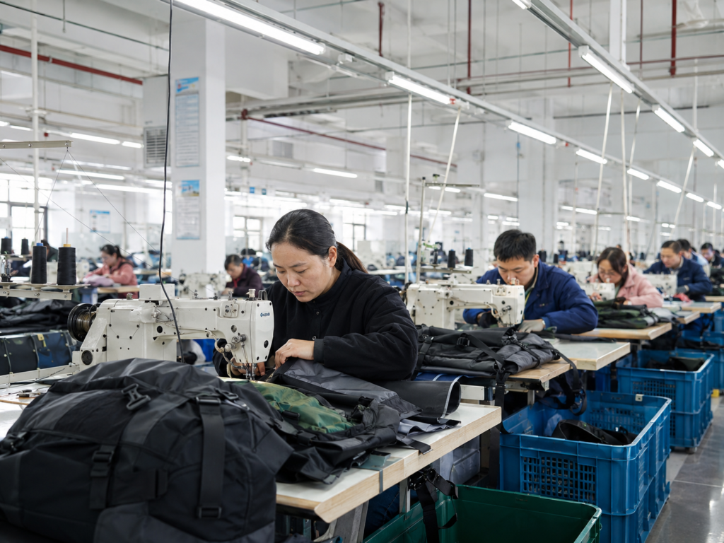 Bulk production sewing line for custom outdoor bags