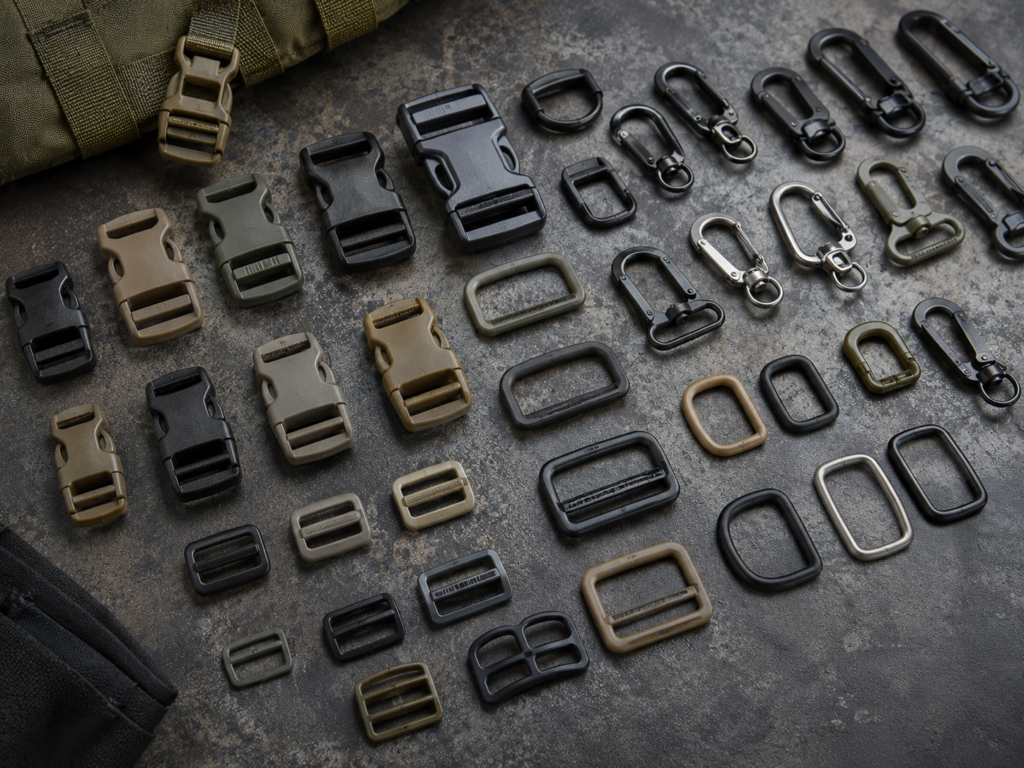 Heavy-duty buckles D-rings hooks adjusters ladder locks and hardware accessories used for custom outdoor bag manufacturing.
