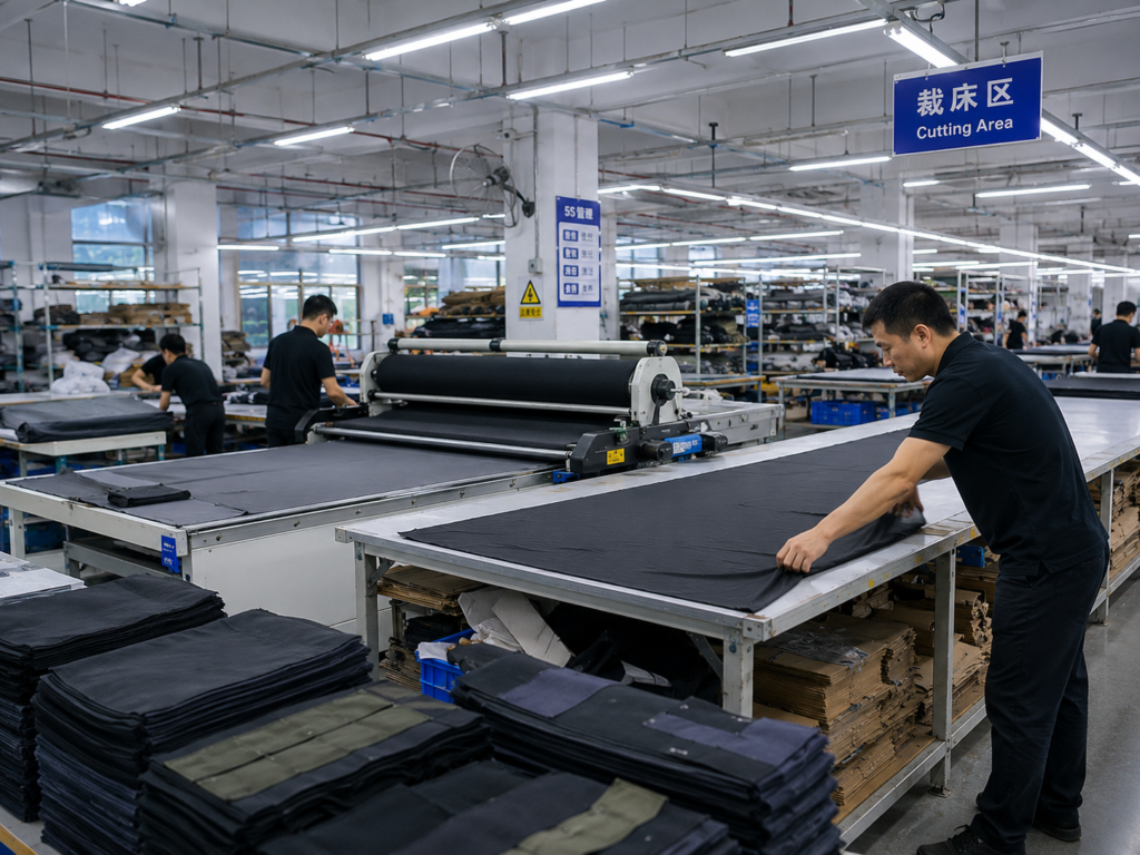 Fabric cutting area with spreading machine fabric preparation and cutting process for outdoor bag production