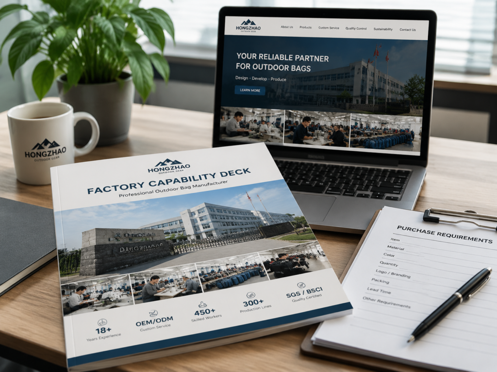 Factory capability deck for custom outdoor bag manufacturing displayed on office desk with laptop and sourcing documents