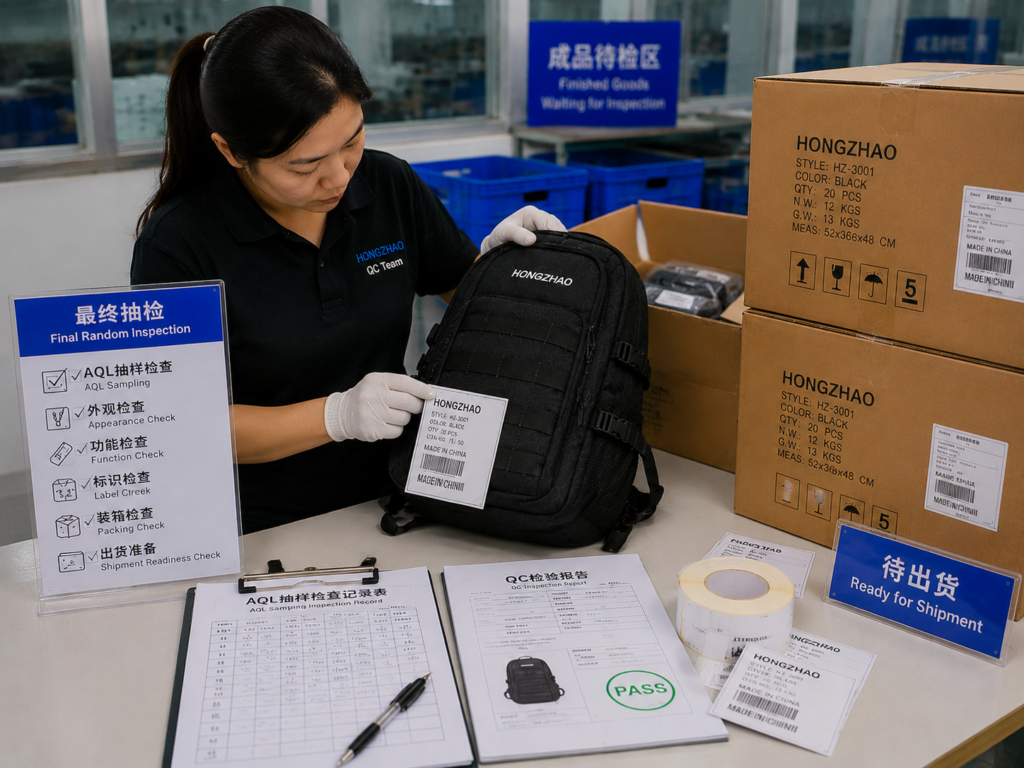 Final random inspection with AQL sampling QC reports carton marking and shipment readiness checks