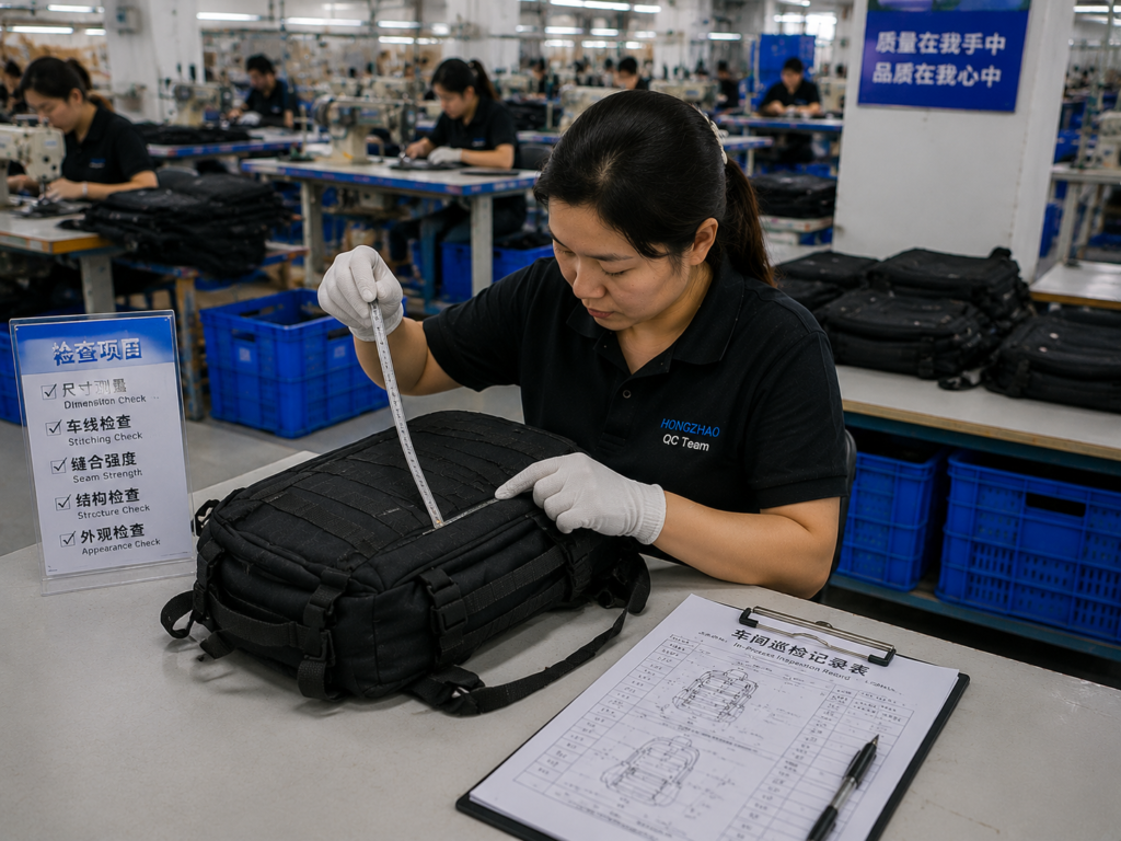 In-process quality control checking backpack dimensions stitching quality and structural consistency during production