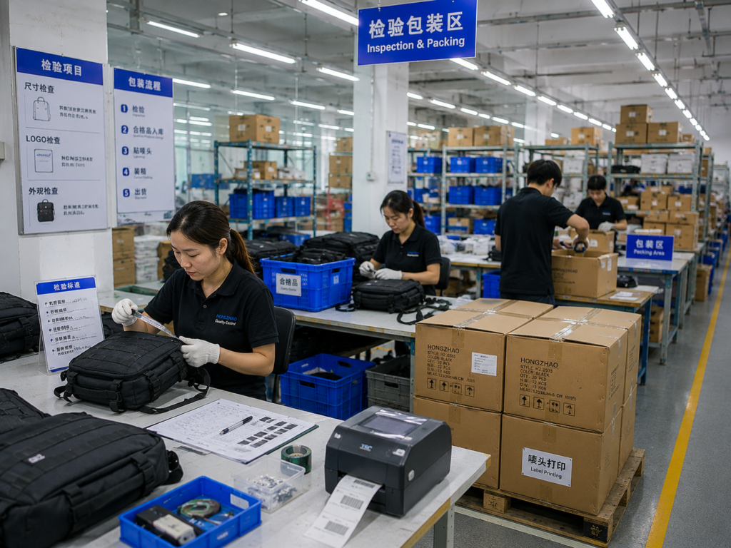 Quality inspection and packing area with bag checking carton labeling and shipment preparation