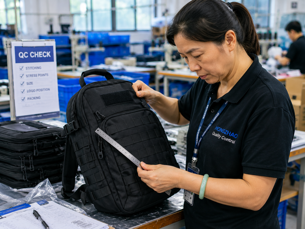 Quality control manager inspecting backpack dimensions stitching logo position and finishing details