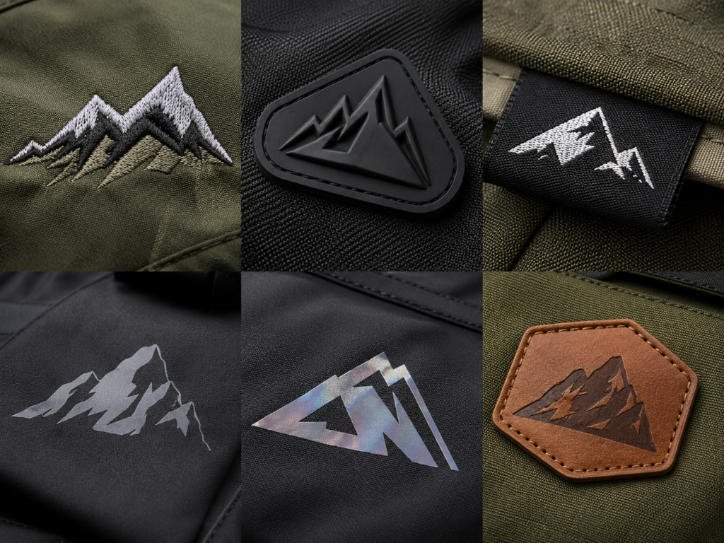 Embroidery rubber patch woven label screen printing heat transfer and leather patch logo options for custom outdoor bags.