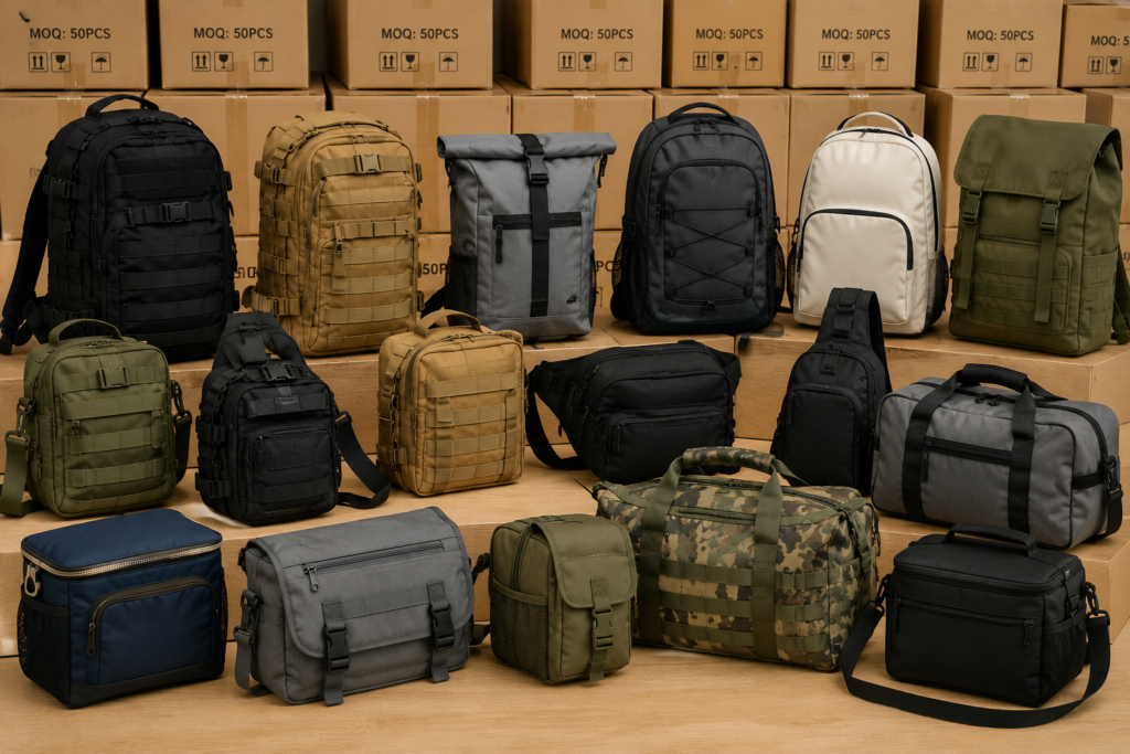 Low MOQ outdoor bag manufacturing with multiple bag styles and small batch production support