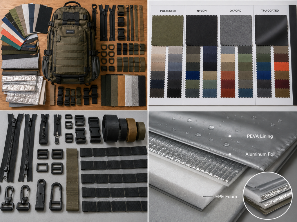 Outdoor bag material options including fabric swatches zippers buckles webbing insulation materials and finished backpack products for OEM and ODM development.