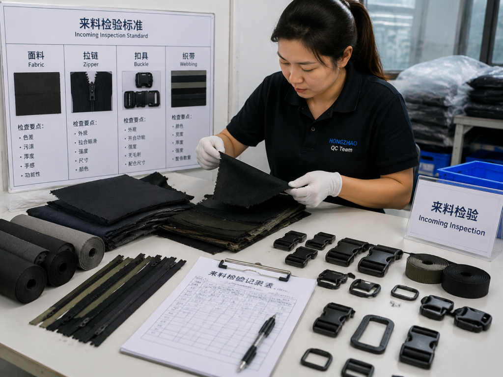 Quality control inspection of fabrics zippers buckles and webbing before bag production