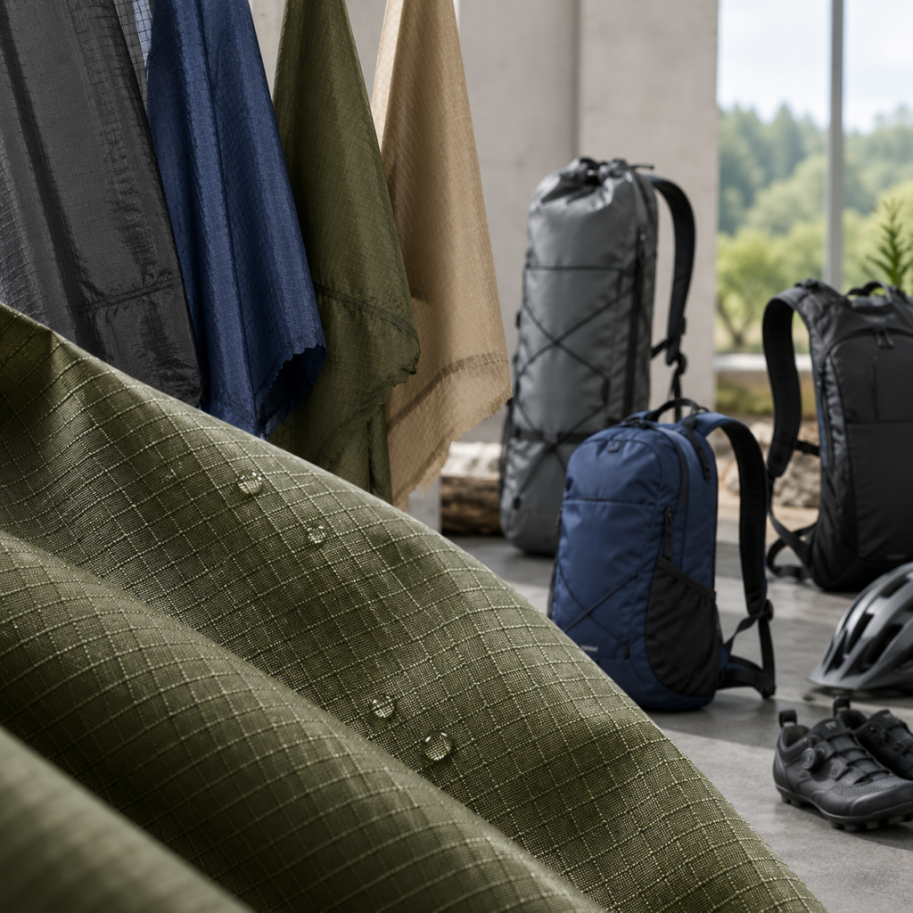 Ripstop nylon fabric texture with lightweight backpack applications for outdoor and travel bag development.