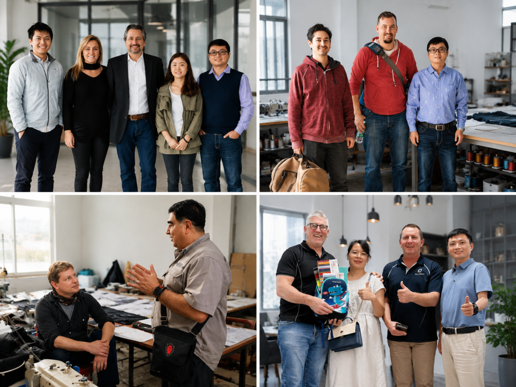 International buyers visiting Hongzhao factory for ODM bag development discussions sample review product planning and manufacturing consultation.