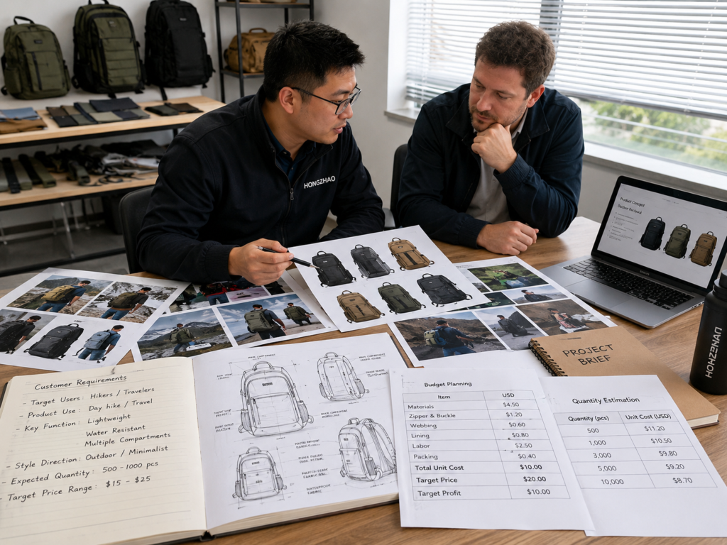 ODM development team reviewing reference photos product concepts customer requirements budget targets and expected order quantity.