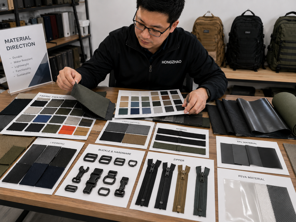 Material engineer selecting fabrics zippers buckles webbing TPU PEVA and lining options for ODM outdoor bag development.