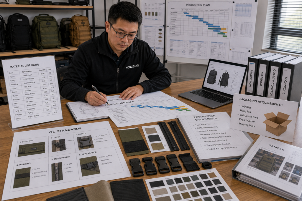 Production manager preparing material lists QC standards packaging requirements production schedules and manufacturing documents.