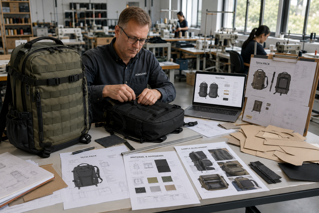 Sampling manager creating and adjusting backpack prototypes using paper patterns Tech Packs materials and sample components.