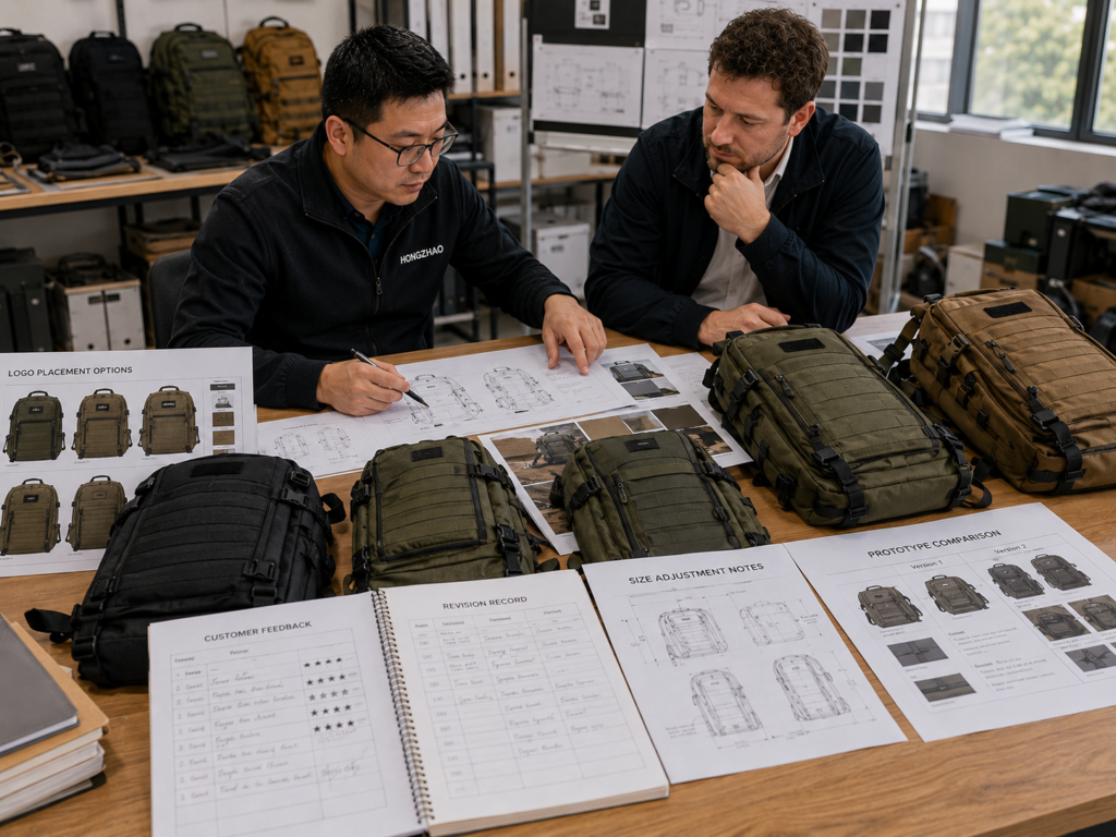 Product developer reviewing backpack sample revisions logo adjustments size changes and customer feedback during ODM development.