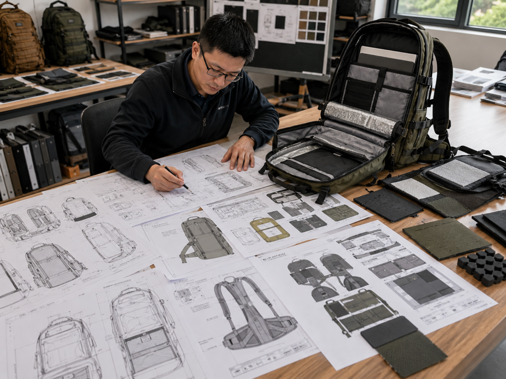 Bag engineer reviewing backpack structure drawings compartment layouts MOLLE system carrying system and internal functional design.