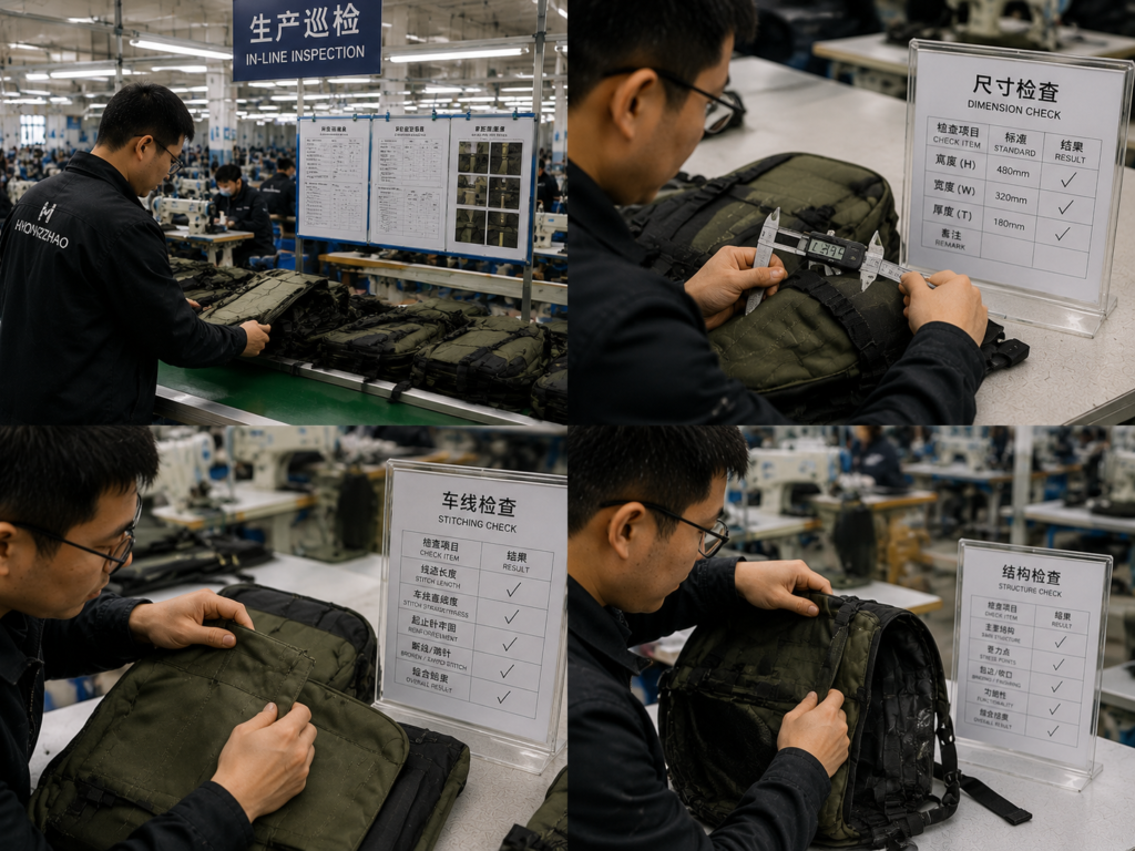 QC inspector checking dimensions stitching and structure during outdoor bag production