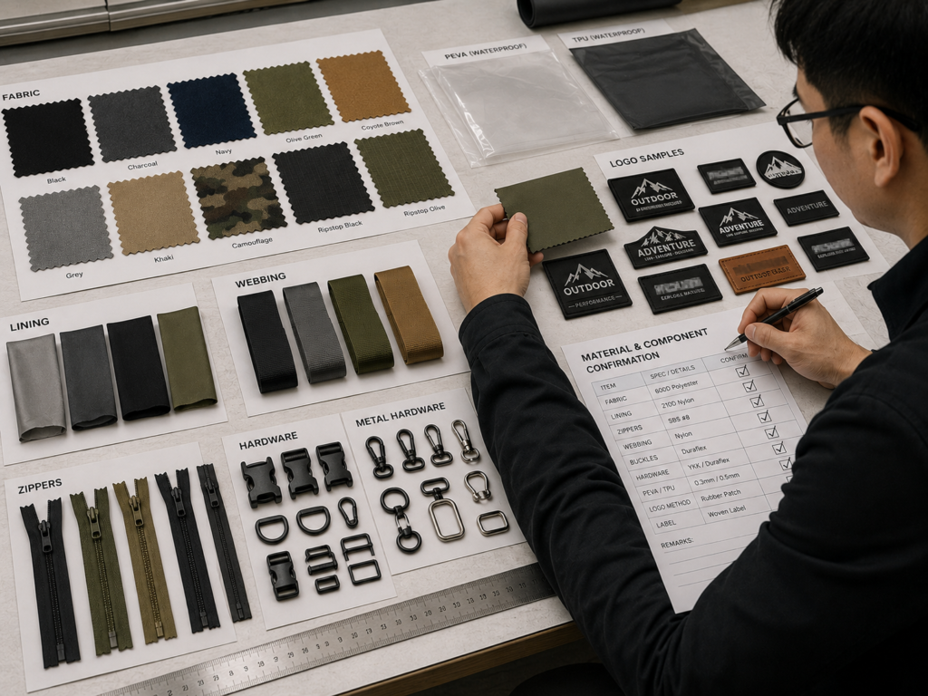 Fabric zipper buckle webbing hardware and logo samples confirmed before OEM production