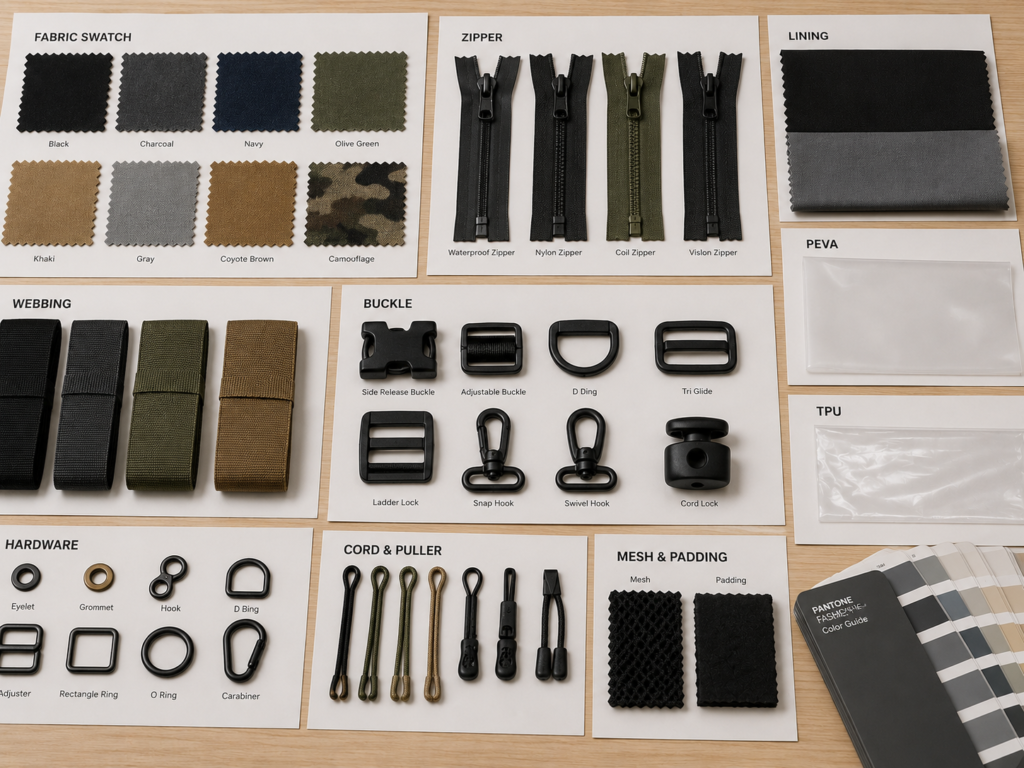 Fabric swatches zippers buckles webbing PEVA TPU and lining samples for OEM bag development
