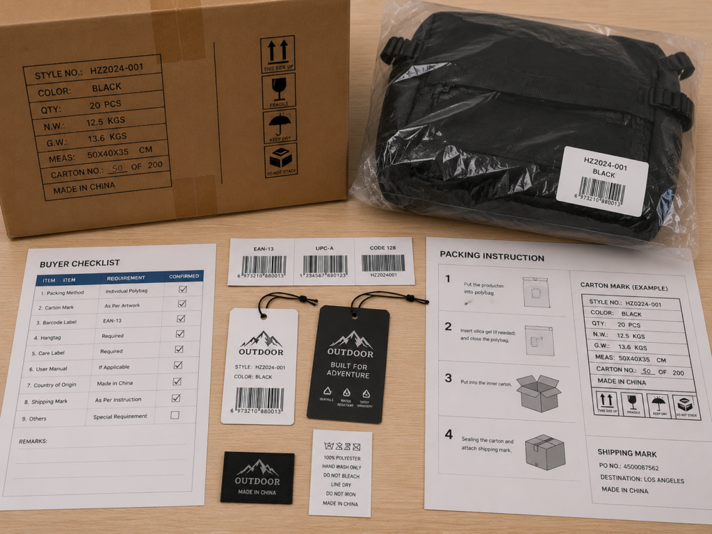 Carton marking barcode hangtag retail packaging buyer checklist and packing instructions for OEM orders