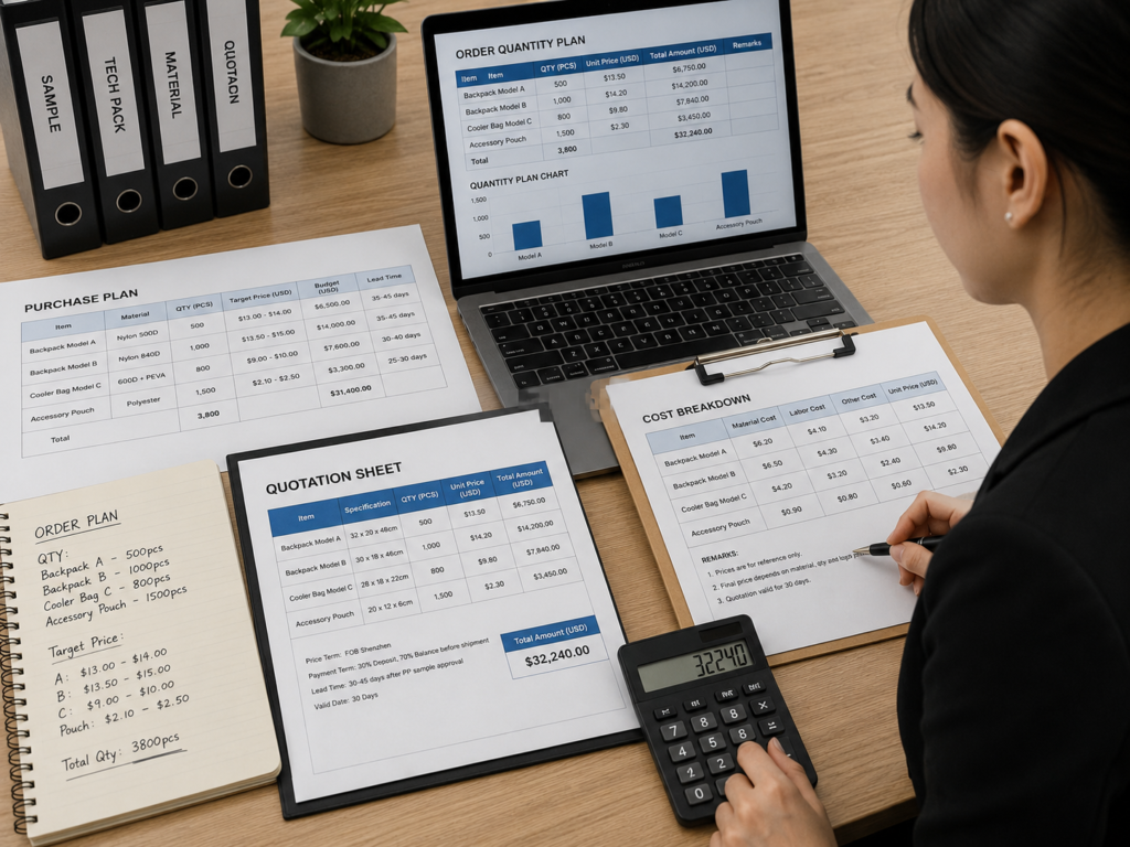 Order planning quotation sheet quantity table and target price evaluation for OEM bag projects