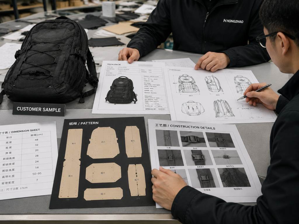 OEM sample review process with customer bag sample Tech Pack technical drawings and production requirements