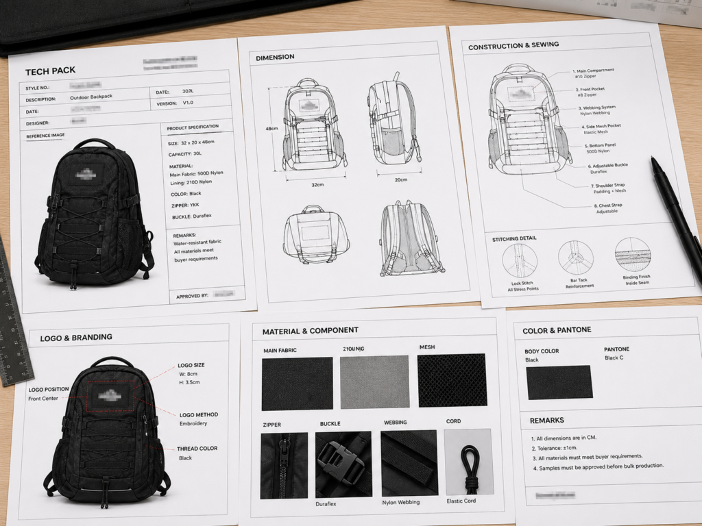 Tech Pack drawing with dimensions construction details logo placement and production specifications