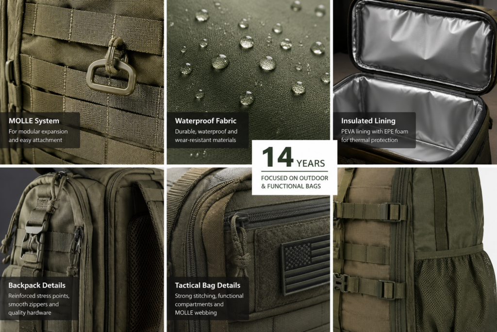 MOLLE system, waterproof fabric, insulated lining and outdoor bag construction details