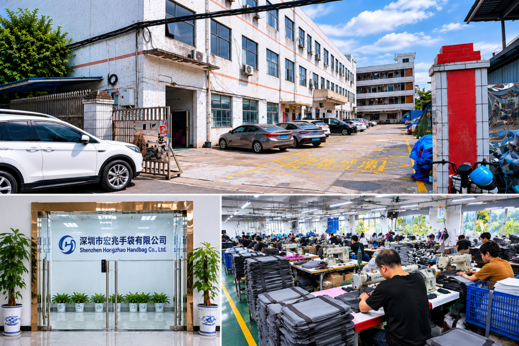 Outdoor bag factory exterior, office entrance and sewing production workshop