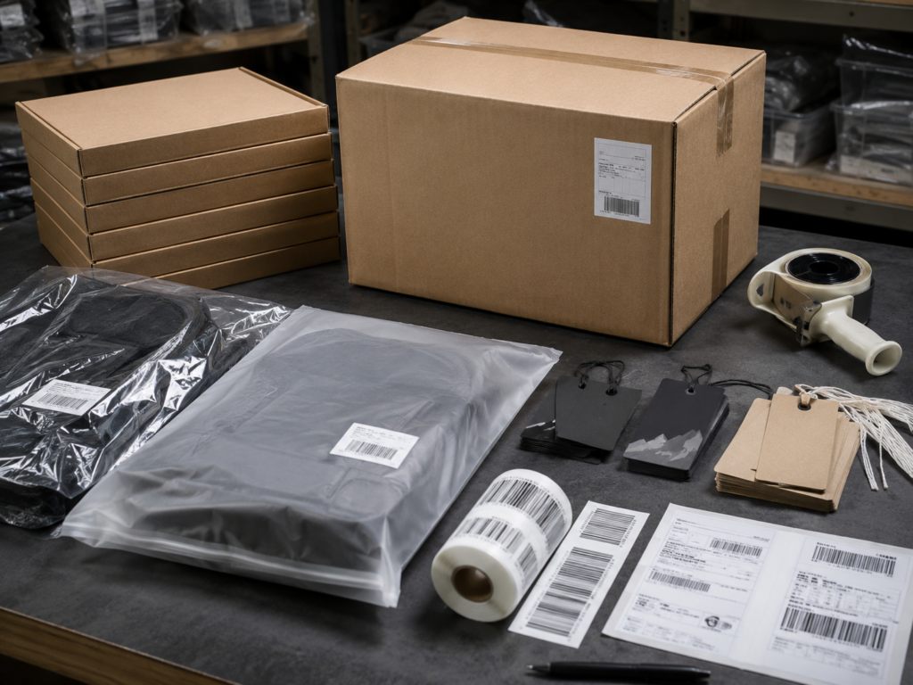 Polybags hangtags carton boxes carton marks barcodes retail packaging and export packing materials for outdoor bag manufacturing.