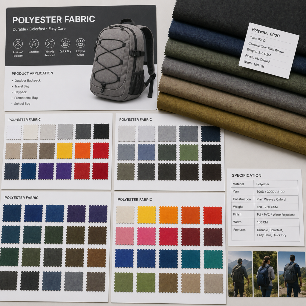 Polyester fabric swatches in multiple colors used for outdoor backpacks travel bags and promotional bag projects.