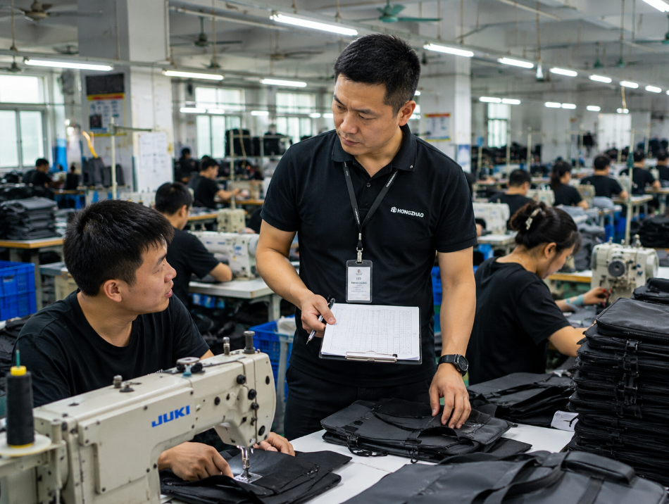 Production manager reviewing sewing quality and production workflow in bag manufacturing workshop