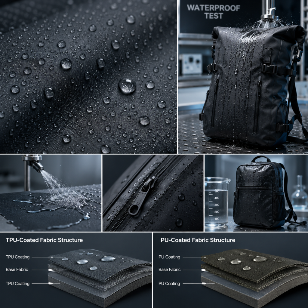 Water-resistant PU and TPU coated fabrics featuring waterproof testing coated fabric layers and waterproof backpack applications.