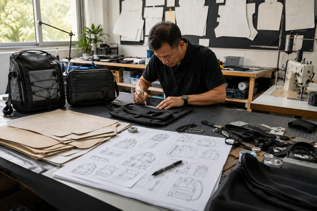 Bag sample development process with prototype making, technical drawings and material review