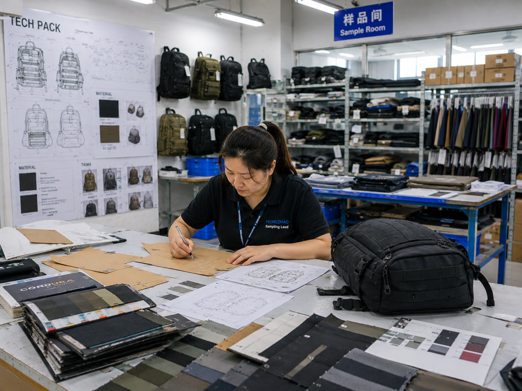 Bag sample room with tech packs patterns materials and prototype backpack development