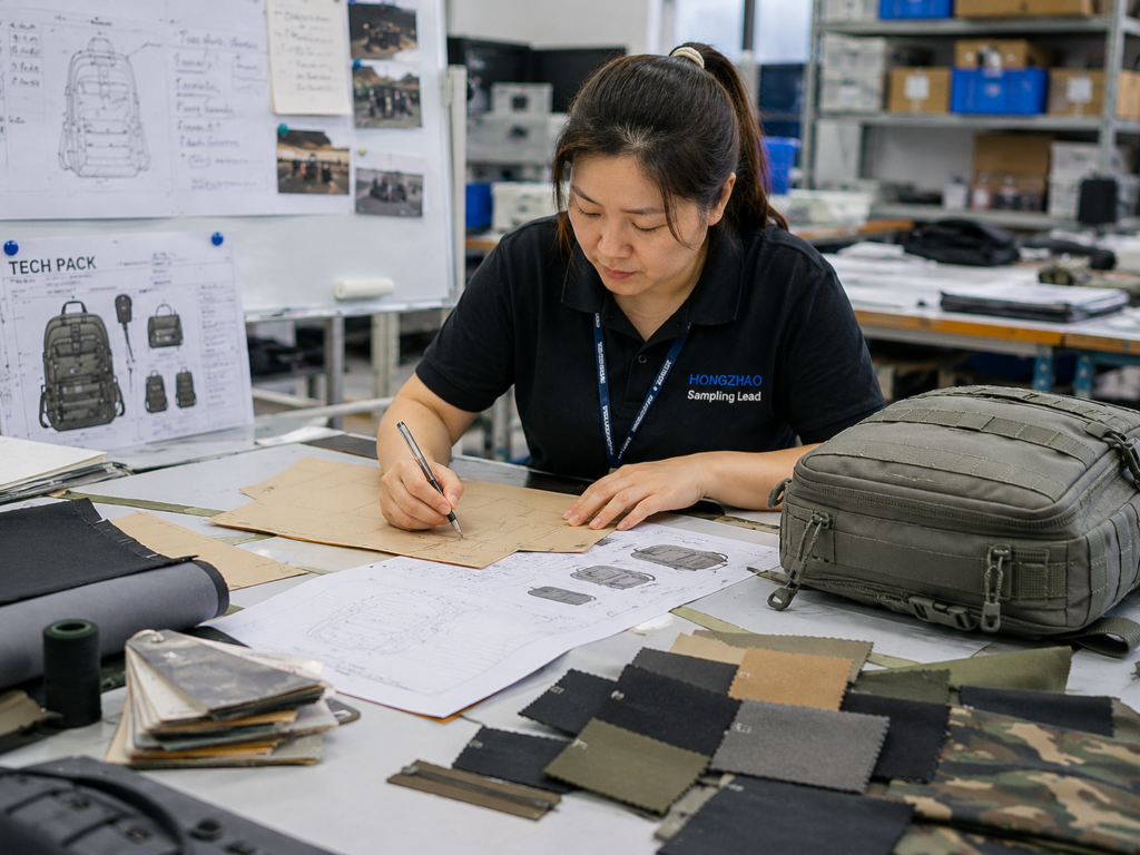 Sampling lead reviewing tech pack patterns materials and prototype backpack development